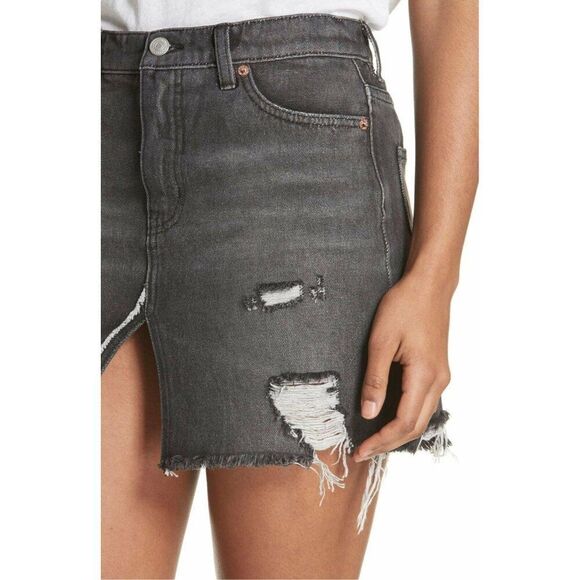 FREE PEOPLE Distressed Black Denim Front Slit‎ Jean Skirt 24 (00) NWT - Picture 4 of 7